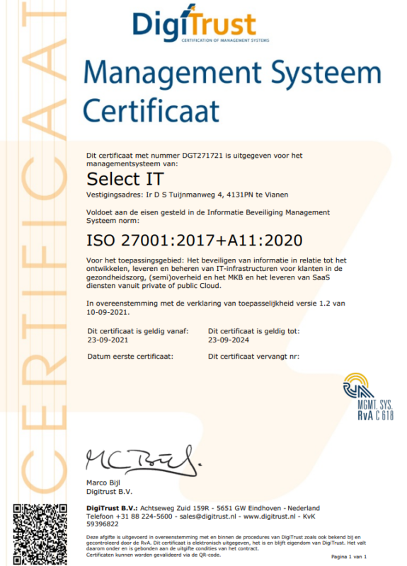 Certificaat ISO27001 Select IT1